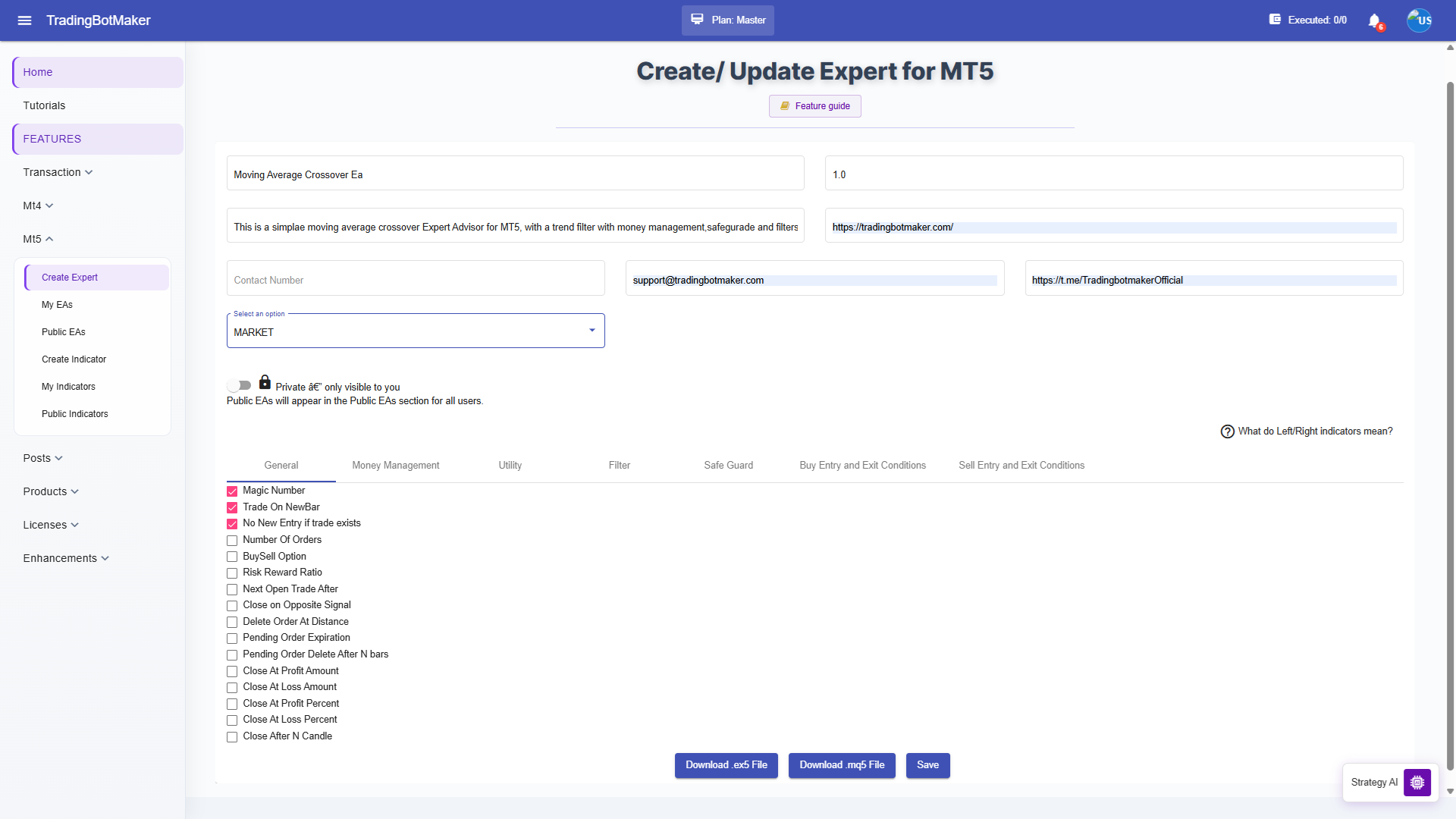 EA builder with name, version, and metadata fields