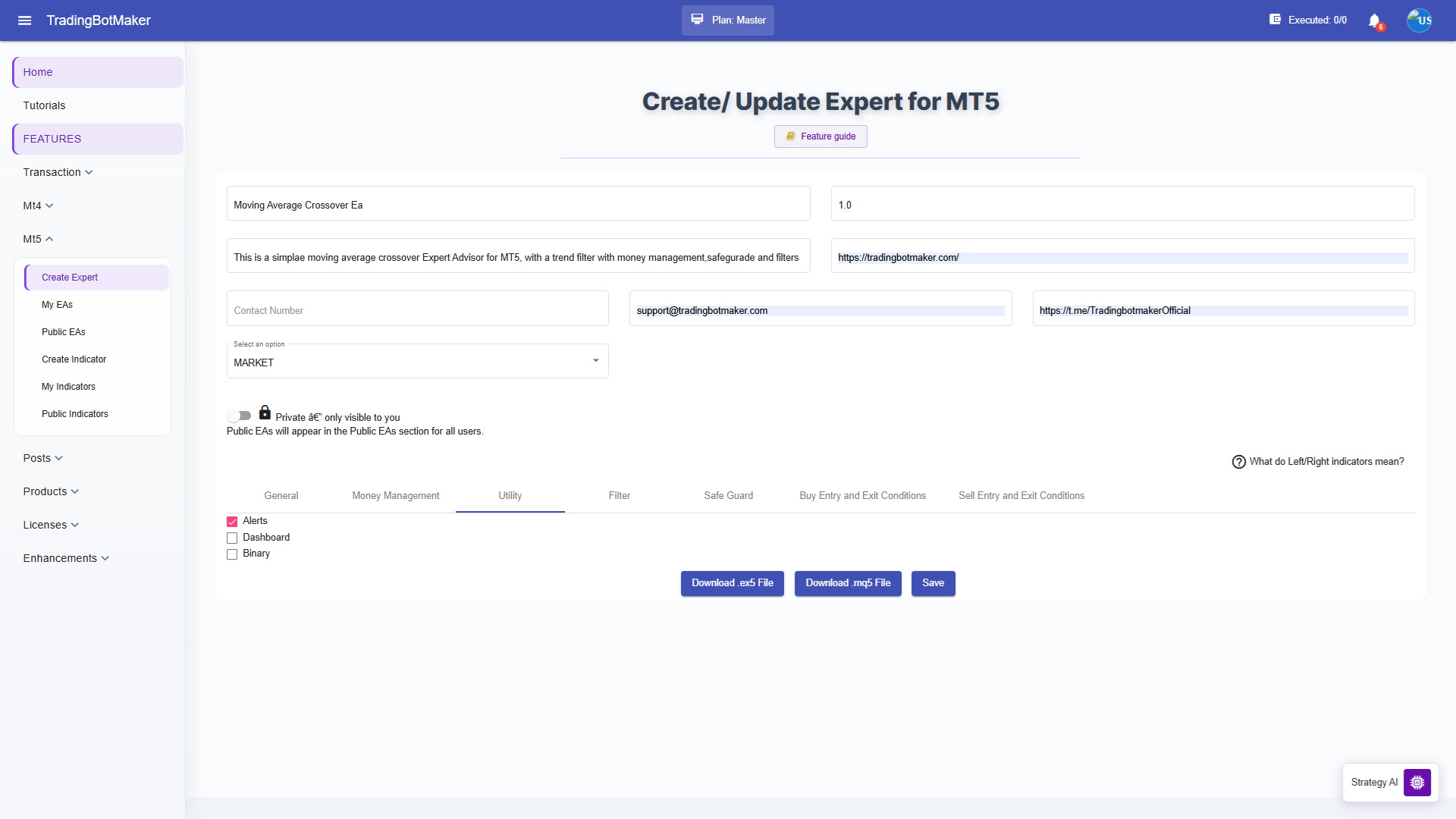 Utility tab with alerts and dashboard toggles