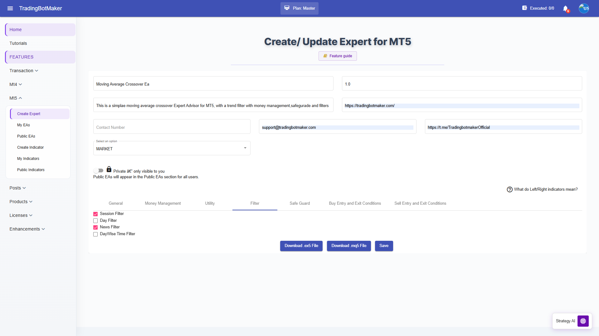 Filter tab with session and news filters