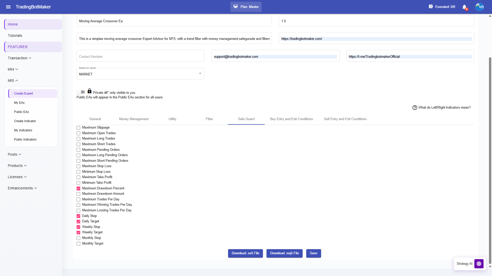 Safe Guard tab with drawdown and daily limits