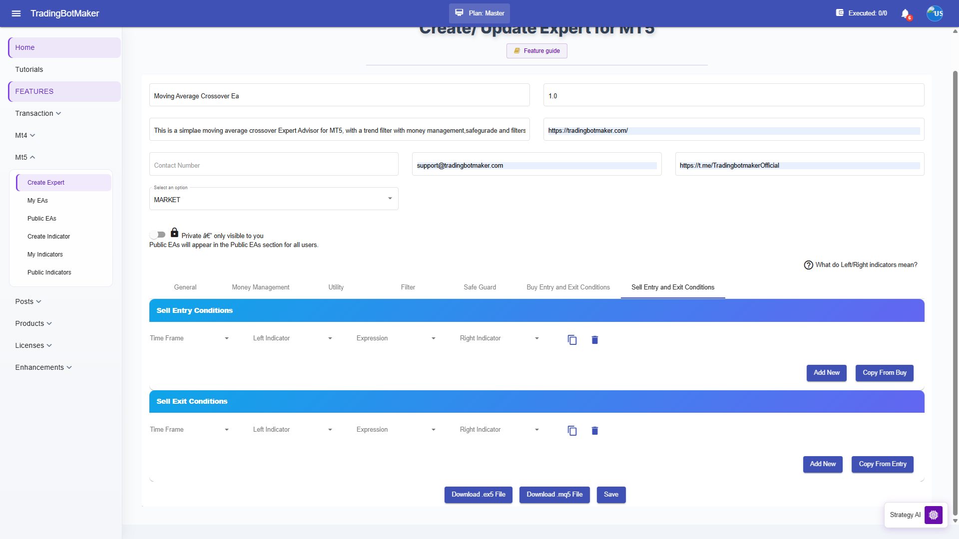 Sell Entry and Exit Conditions tab