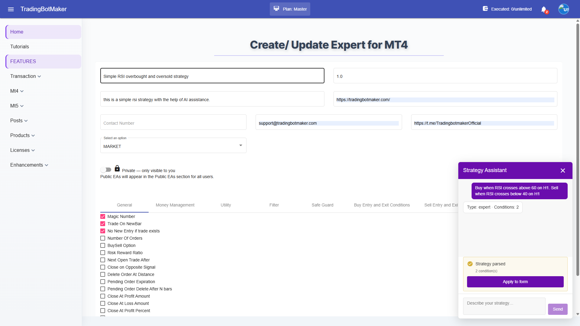 Parsed strategy with Apply to form button