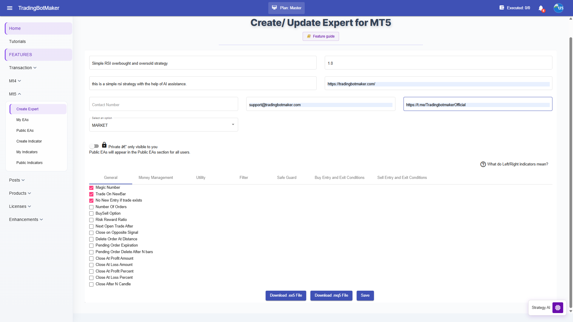 EA builder with download and save actions