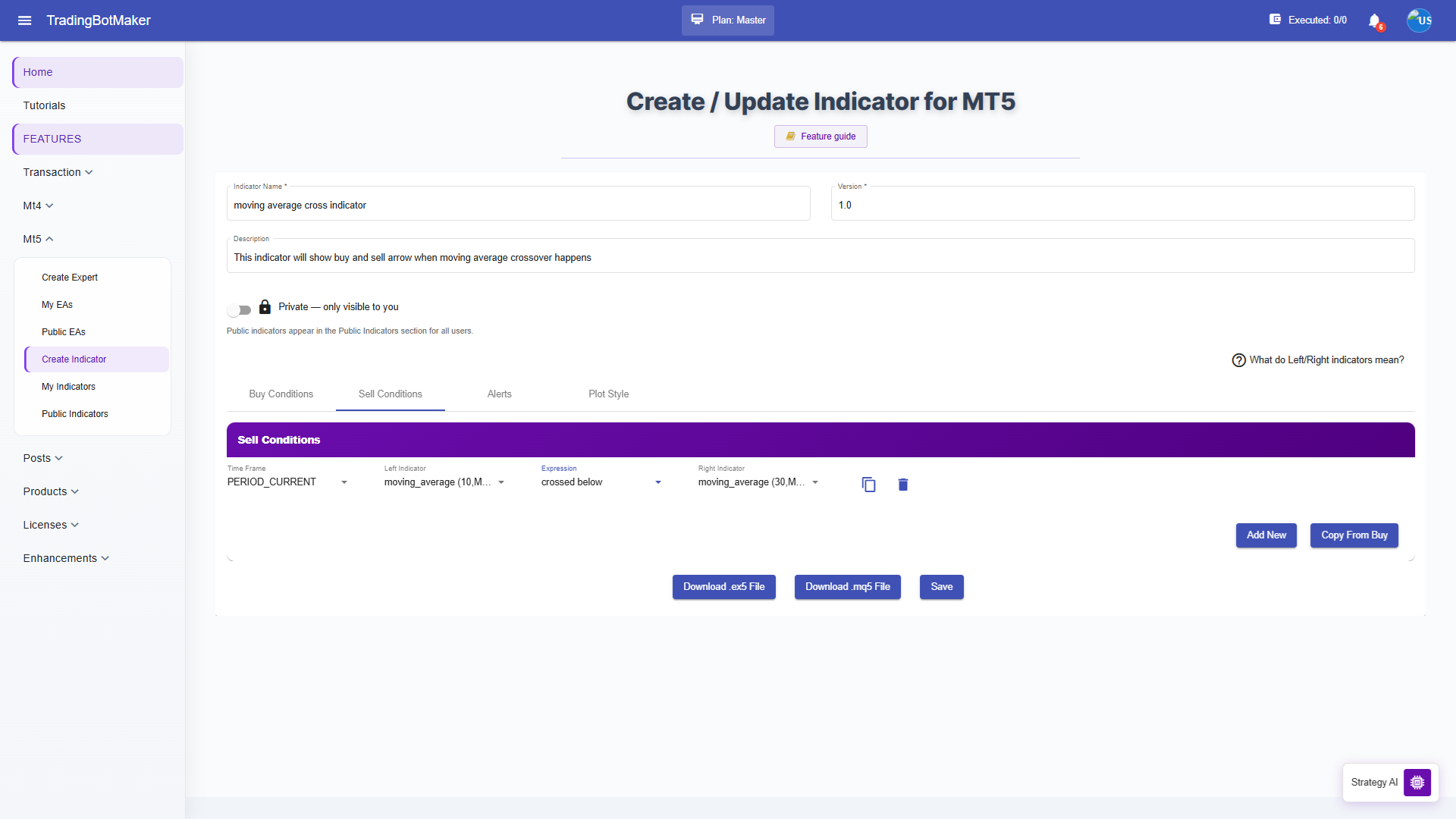 Sell Conditions tab with crossover rule