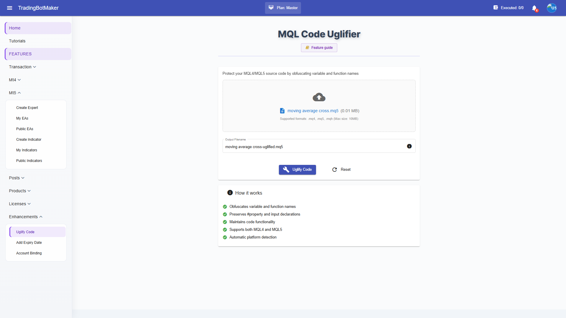 MQL Code Uglifier upload and output